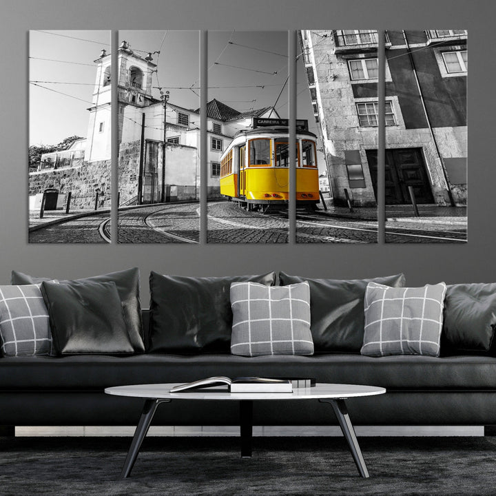 Iconic Yellow Lisbon Tram Canvas Wall Art Black and White Modern Home Decor High Quality Tram Trolley Canvas Art