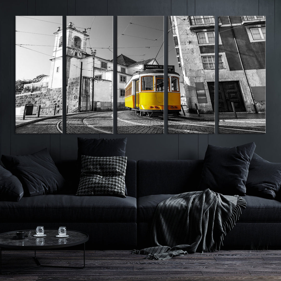 Iconic Yellow Lisbon Tram Canvas Wall Art Black and White Modern Home Decor High Quality Tram Trolley Canvas Art