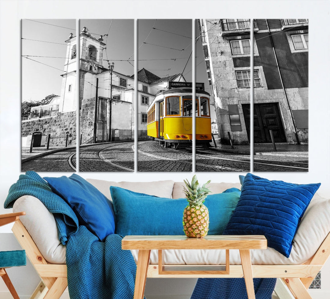 Iconic Yellow Lisbon Tram Canvas Wall Art Black and White Modern Home Decor High Quality Tram Trolley Canvas Art