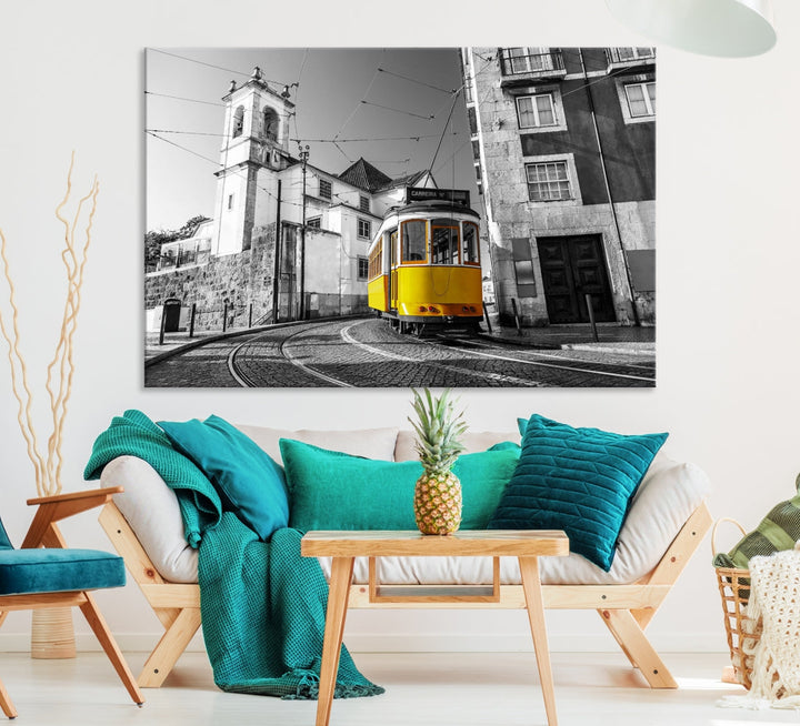 Iconic Yellow Lisbon Tram Canvas Wall Art Black and White Modern Home Decor High Quality Tram Trolley Canvas Art