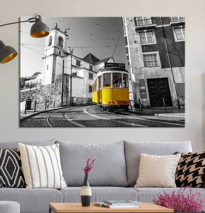 Iconic Yellow Lisbon Tram Canvas Wall Art Black and White Modern Home Decor High Quality Tram Trolley Canvas Art