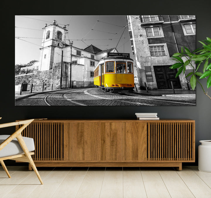 Iconic Yellow Lisbon Tram Canvas Wall Art Black and White Modern Home Decor High Quality Tram Trolley Canvas Art