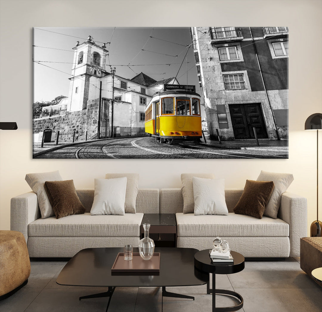 Iconic Yellow Lisbon Tram Canvas Wall Art Black and White Modern Home Decor High Quality Tram Trolley Canvas Art