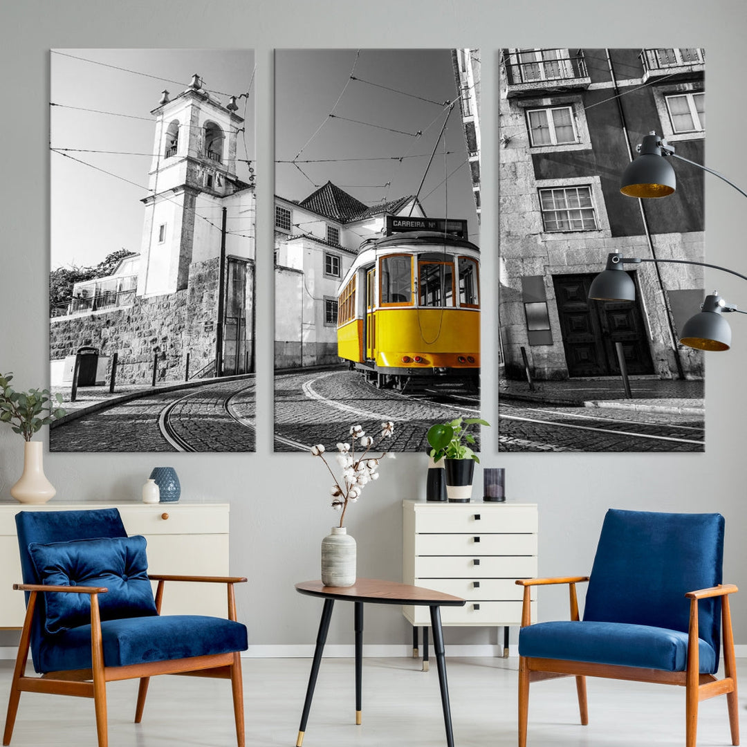 Iconic Yellow Lisbon Tram Canvas Wall Art Black and White Modern Home Decor High Quality Tram Trolley Canvas Art