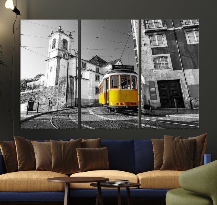 Iconic Yellow Lisbon Tram Canvas Wall Art Black and White Modern Home Decor High Quality Tram Trolley Canvas Art