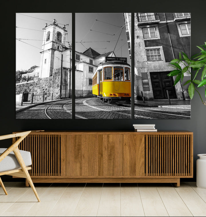 Iconic Yellow Lisbon Tram Canvas Wall Art Black and White Modern Home Decor High Quality Tram Trolley Canvas Art