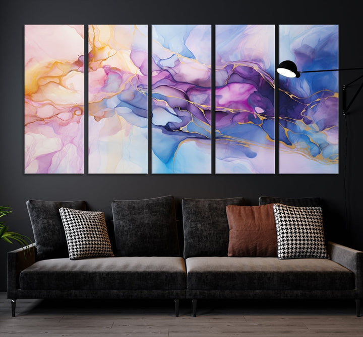 Ink Painting Glass Wall Art, Large Abstract Canvas Print, Marble Wall Painting, Blue Purple Wall Decor