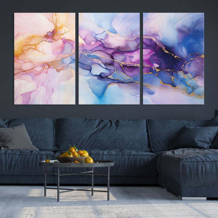 Ink Painting Glass Wall Art, Large Abstract Canvas Print, Marble Wall Painting, Blue Purple Wall Decor