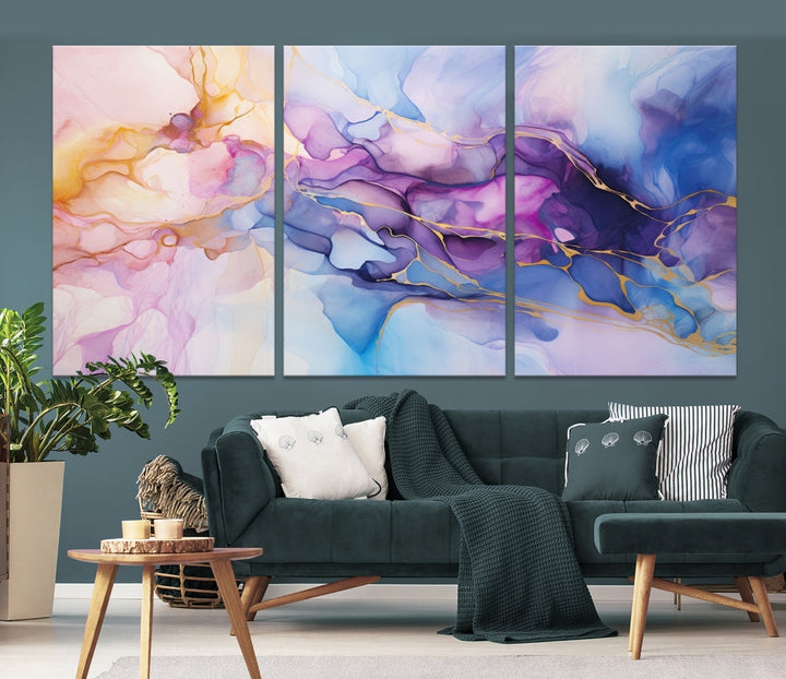 Ink Painting Glass Wall Art, Large Abstract Canvas Print, Marble Wall Painting, Blue Purple Wall Decor