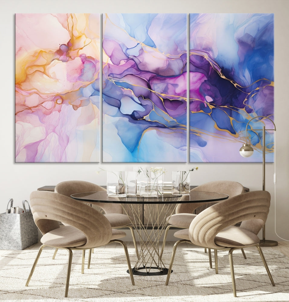 Ink Painting Glass Wall Art, Large Abstract Canvas Print, Marble Wall Painting, Blue Purple Wall Decor