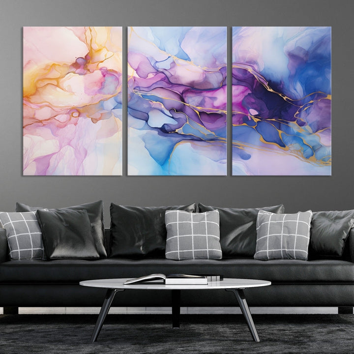 Ink Painting Glass Wall Art, Large Abstract Canvas Print, Marble Wall Painting, Blue Purple Wall Decor