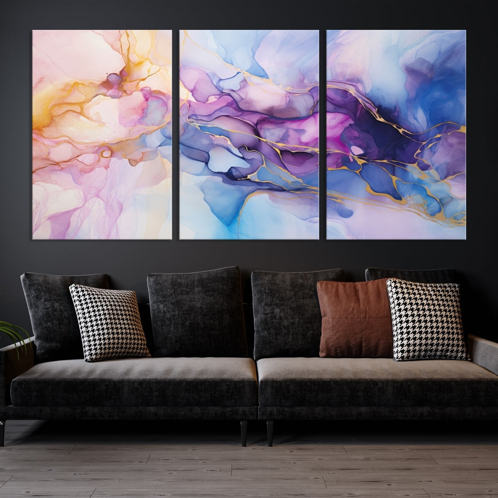 Ink Painting Glass Wall Art, Large Abstract Canvas Print, Marble Wall Painting, Blue Purple Wall Decor