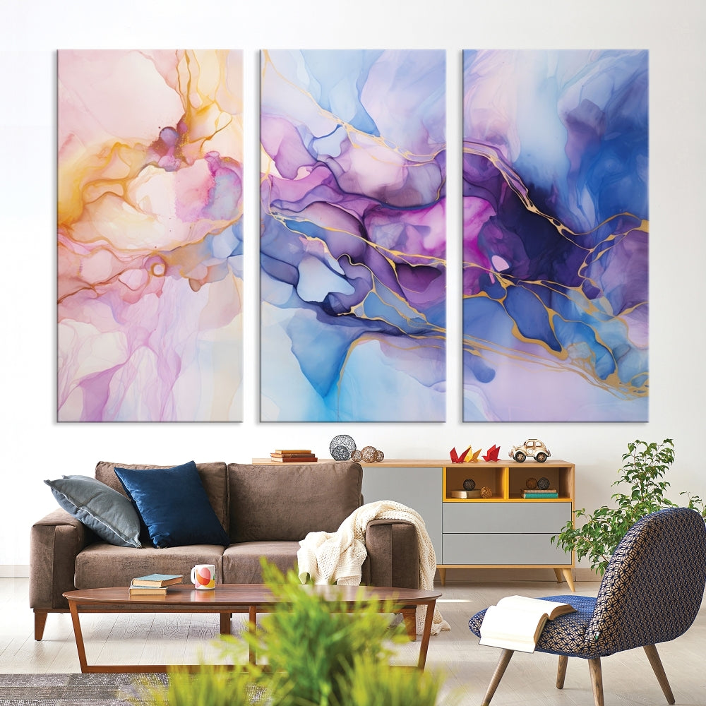 Ink Painting Glass Wall Art, Large Abstract Canvas Print, Marble Wall Painting, Blue Purple Wall Decor