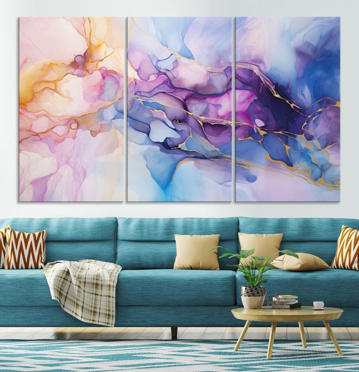 Ink Painting Glass Wall Art, Large Abstract Canvas Print, Marble Wall Painting, Blue Purple Wall Decor