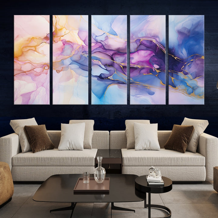 Ink Painting Glass Wall Art, Large Abstract Canvas Print, Marble Wall Painting, Blue Purple Wall Decor