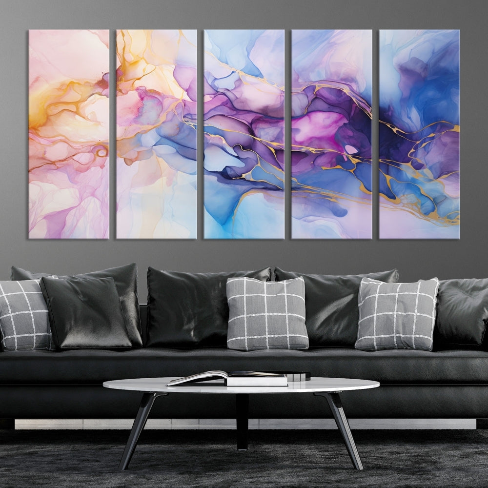 Ink Painting Glass Wall Art, Large Abstract Canvas Print, Marble Wall Painting, Blue Purple Wall Decor