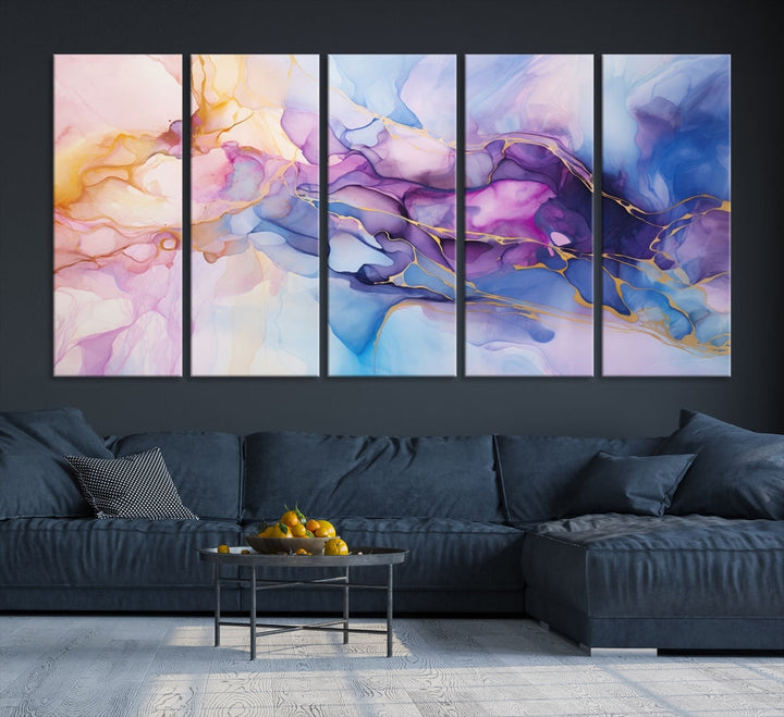 Ink Painting Glass Wall Art, Large Abstract Canvas Print, Marble Wall Painting, Blue Purple Wall Decor