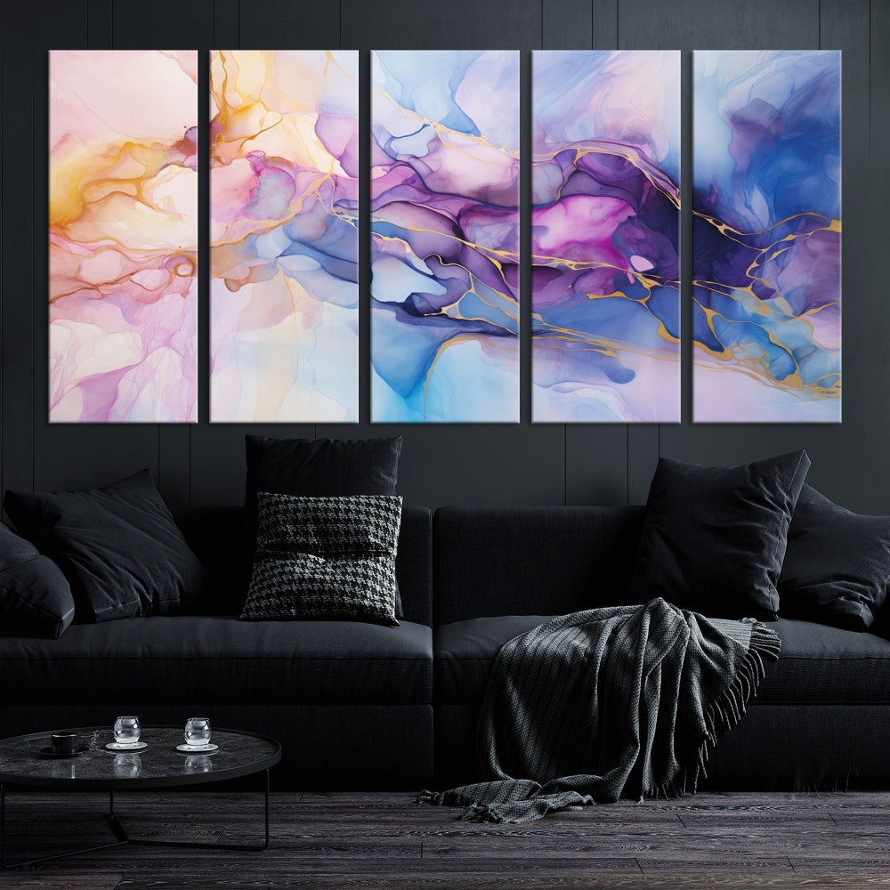 Ink Painting Glass Wall Art, Large Abstract Canvas Print, Marble Wall Painting, Blue Purple Wall Decor