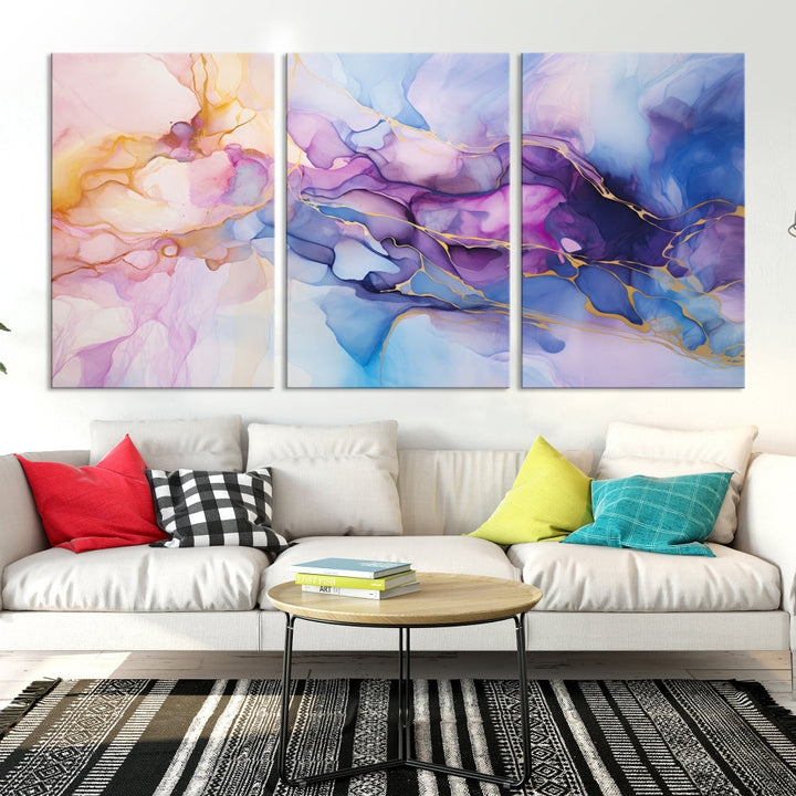 Ink Painting Glass Wall Art, Large Abstract Canvas Print, Marble Wall Painting, Blue Purple Wall Decor