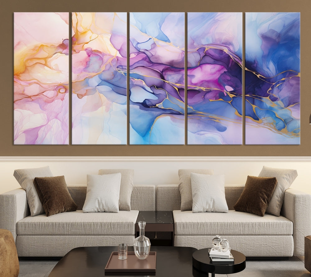 Ink Painting Glass Wall Art, Large Abstract Canvas Print, Marble Wall Painting, Blue Purple Wall Decor