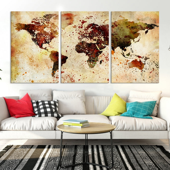 Ink Splash World Map Watercolor Painting on Canvas Wall Art Print