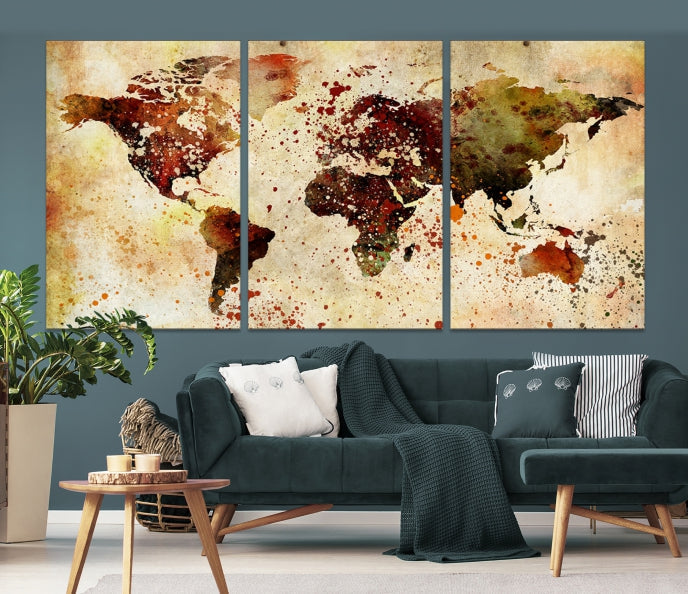 Ink Splash World Map Watercolor Painting on Canvas Wall Art Print