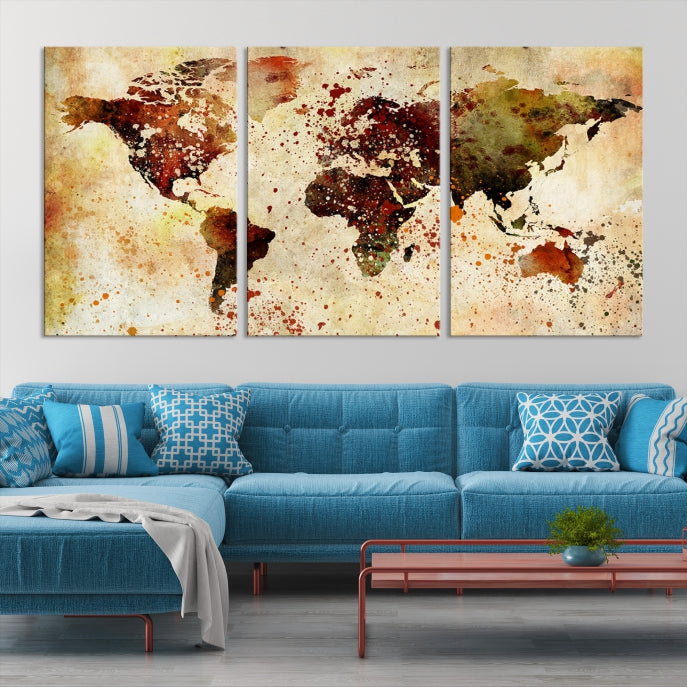 Ink Splash World Map Watercolor Painting on Canvas Wall Art Print