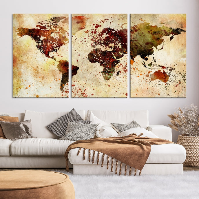 Ink Splash World Map Watercolor Painting on Canvas Wall Art Print