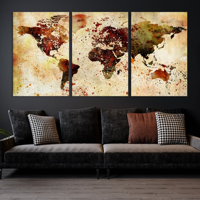 Ink Splash World Map Watercolor Painting on Canvas Wall Art Print