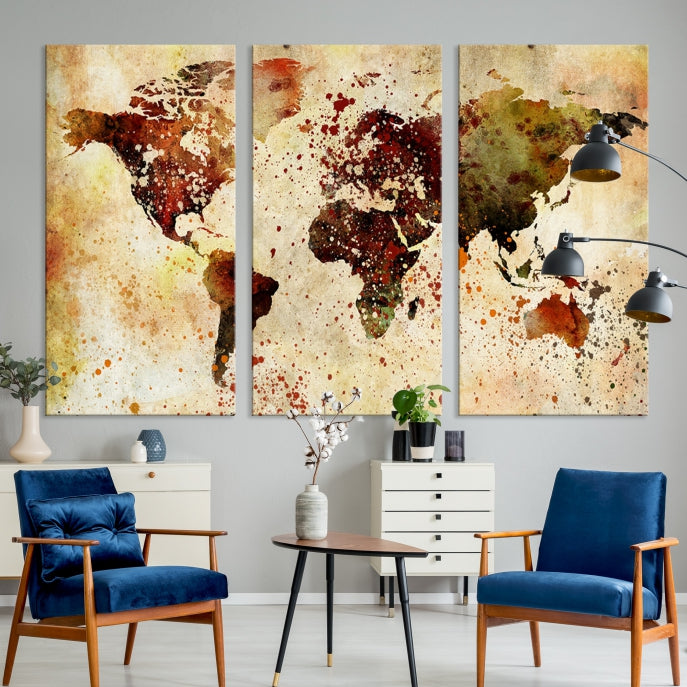 Ink Splash World Map Watercolor Painting on Canvas Wall Art Print