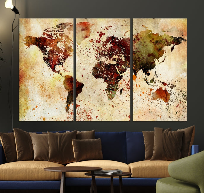 Ink Splash World Map Watercolor Painting on Canvas Wall Art Print