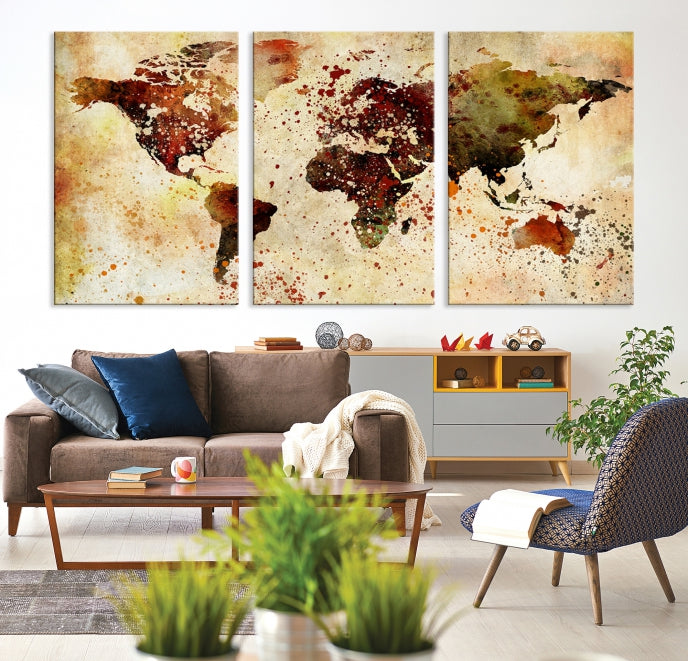 Ink Splash World Map Watercolor Painting on Canvas Wall Art Print