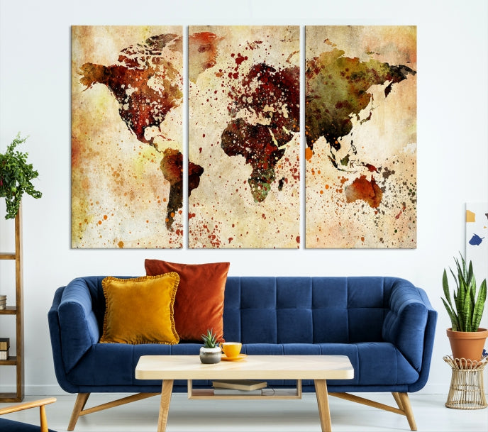 Ink Splash World Map Watercolor Painting on Canvas Wall Art Print