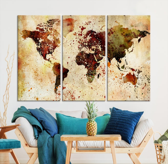 Ink Splash World Map Watercolor Painting on Canvas Wall Art Print