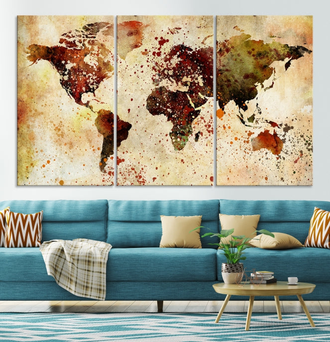 Ink Splash World Map Watercolor Painting on Canvas Wall Art Print