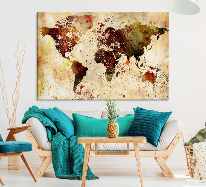 Ink Splash World Map Watercolor Painting on Canvas Wall Art Print