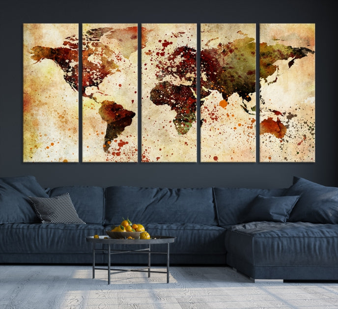 Ink Splash World Map Watercolor Painting on Canvas Wall Art Print