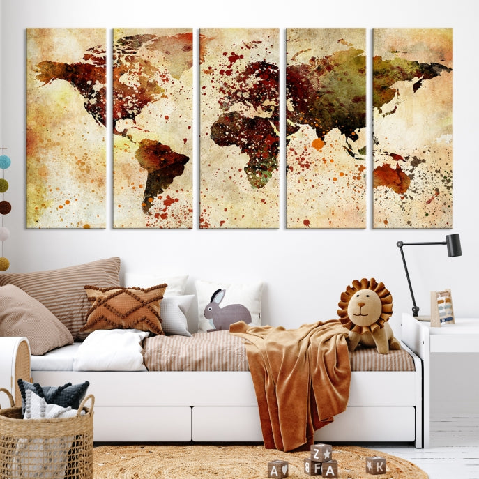 Ink Splash World Map Watercolor Painting on Canvas Wall Art Print