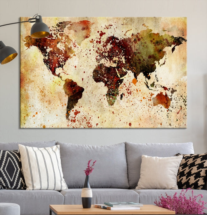 Ink Splash World Map Watercolor Painting on Canvas Wall Art Print