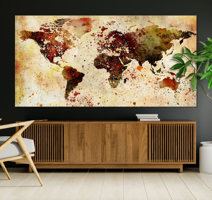 Ink Splash World Map Watercolor Painting on Canvas Wall Art Print