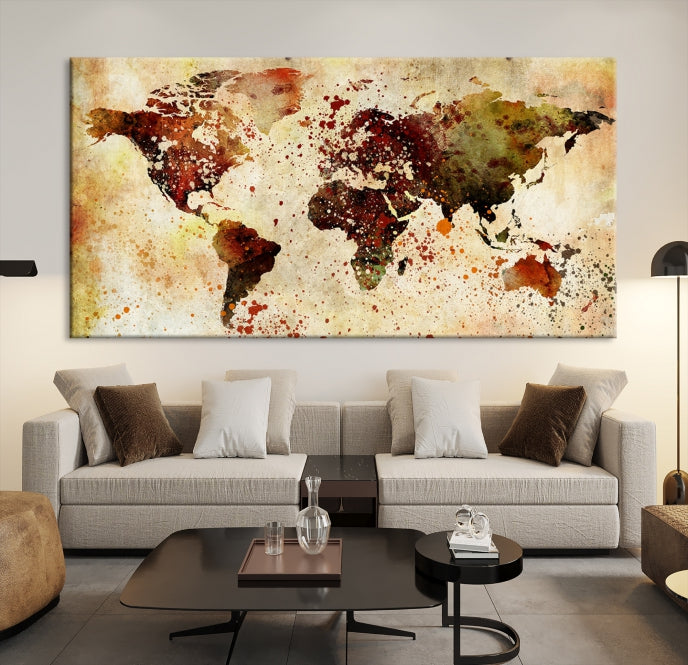 Ink Splash World Map Watercolor Painting on Canvas Wall Art Print