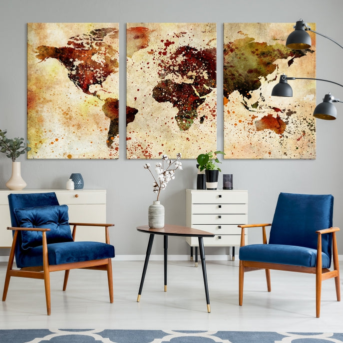 Ink Splash World Map Watercolor Painting on Canvas Wall Art Print