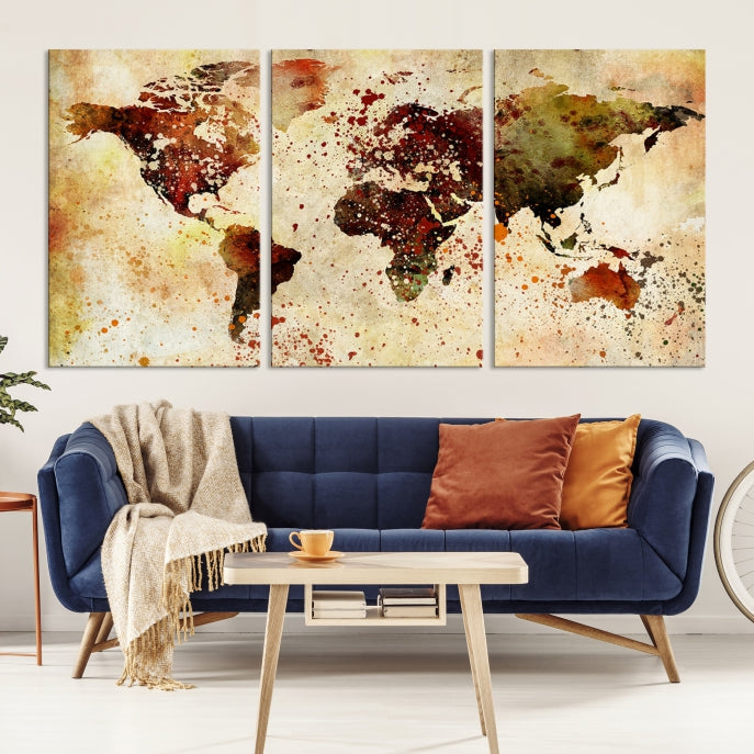 Ink Splash World Map Watercolor Painting on Canvas Wall Art Print