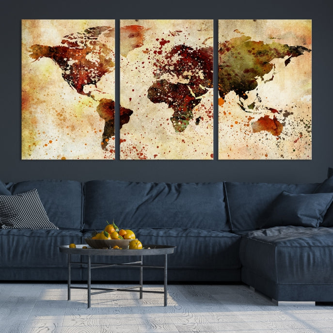 Ink Splash World Map Watercolor Painting on Canvas Wall Art Print