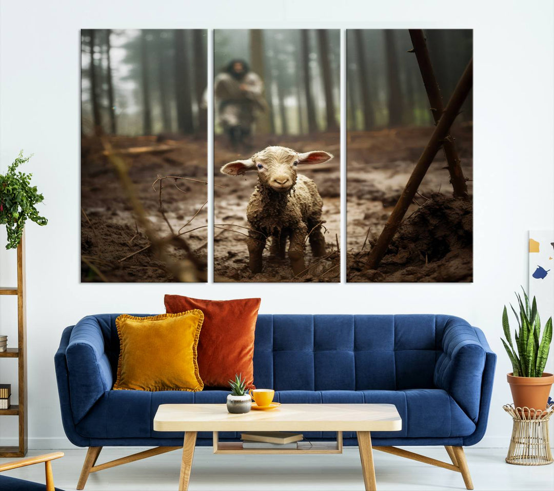 Jesus and Lamb, Jesus Shepherd Lamb, Jesus Lamb of God, Loss Sheep with Jesus Wall Art Canvas Print Wall Art