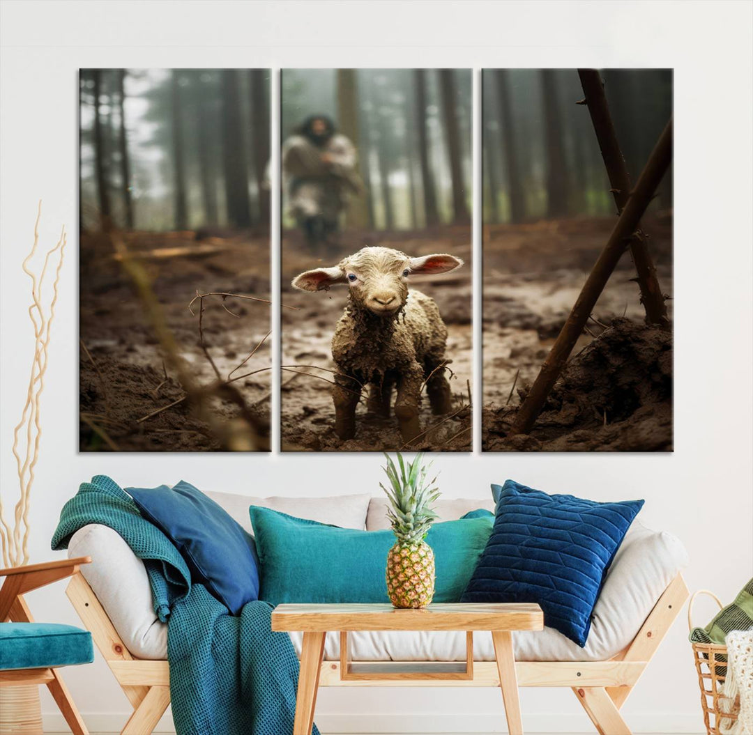 Jesus and Lamb, Jesus Shepherd Lamb, Jesus Lamb of God, Loss Sheep with Jesus Wall Art Canvas Print Wall Art