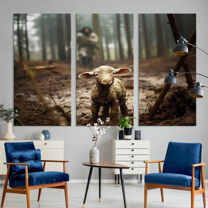 Jesus and Lamb, Jesus Shepherd Lamb, Jesus Lamb of God, Loss Sheep with Jesus Wall Art Canvas Print Wall Art