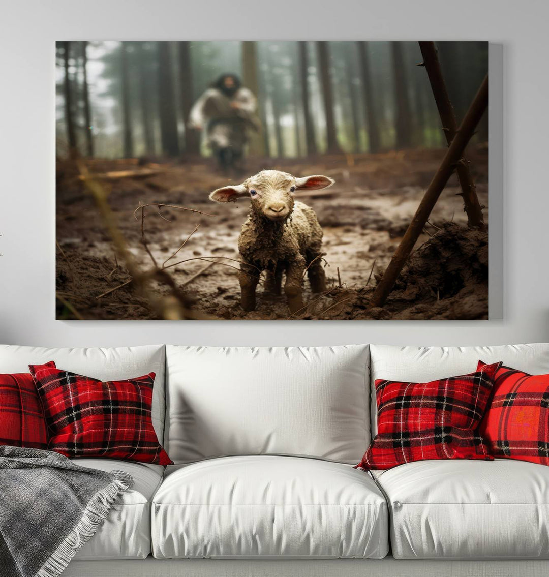 Jesus and Lamb, Jesus Shepherd Lamb, Jesus Lamb of God, Loss Sheep with Jesus Wall Art Canvas Print Wall Art