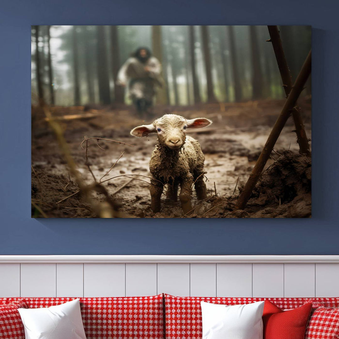 Jesus and Lamb, Jesus Shepherd Lamb, Jesus Lamb of God, Loss Sheep with Jesus Wall Art Canvas Print Wall Art