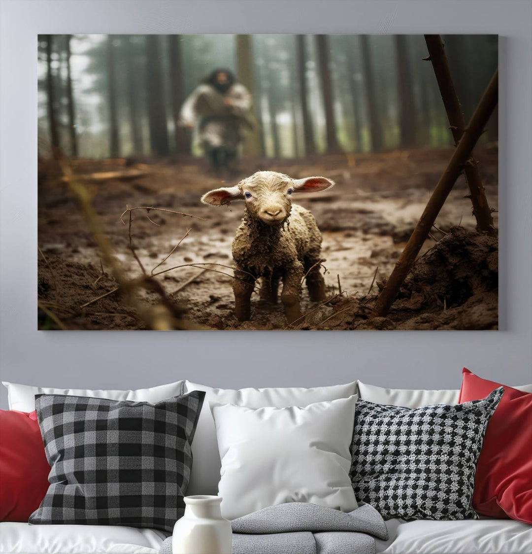 Jesus and Lamb, Jesus Shepherd Lamb, Jesus Lamb of God, Loss Sheep with Jesus Wall Art Canvas Print Wall Art